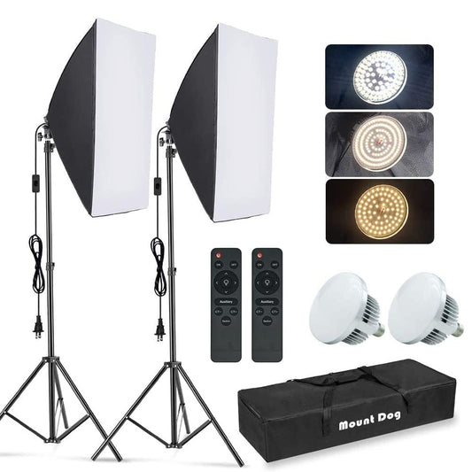 MOUNTDOG Softbox Lighting Kit, 2x19.7"x27.5" Photography Continuous Lighting System with 2pcs 85W 5700K E27 Socket LED Bulbs and Remote for Portrait Product Fashion Photography